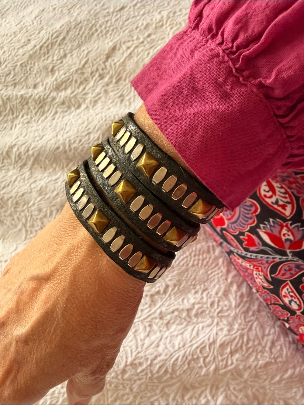 Dark grey  Leather 3 bands  Bracelet with Gold & Silver Stud Accents